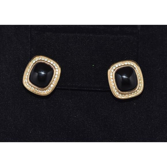 CHRISTIAN DIOR Rhinestone & Black Cabochon Clip-On Earrings 1980s - Picture 1 of 5